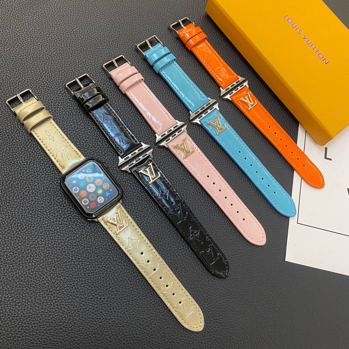 GLOSSY LEATHER APPLE WATCH STRAP LUXURY METAL LOGO