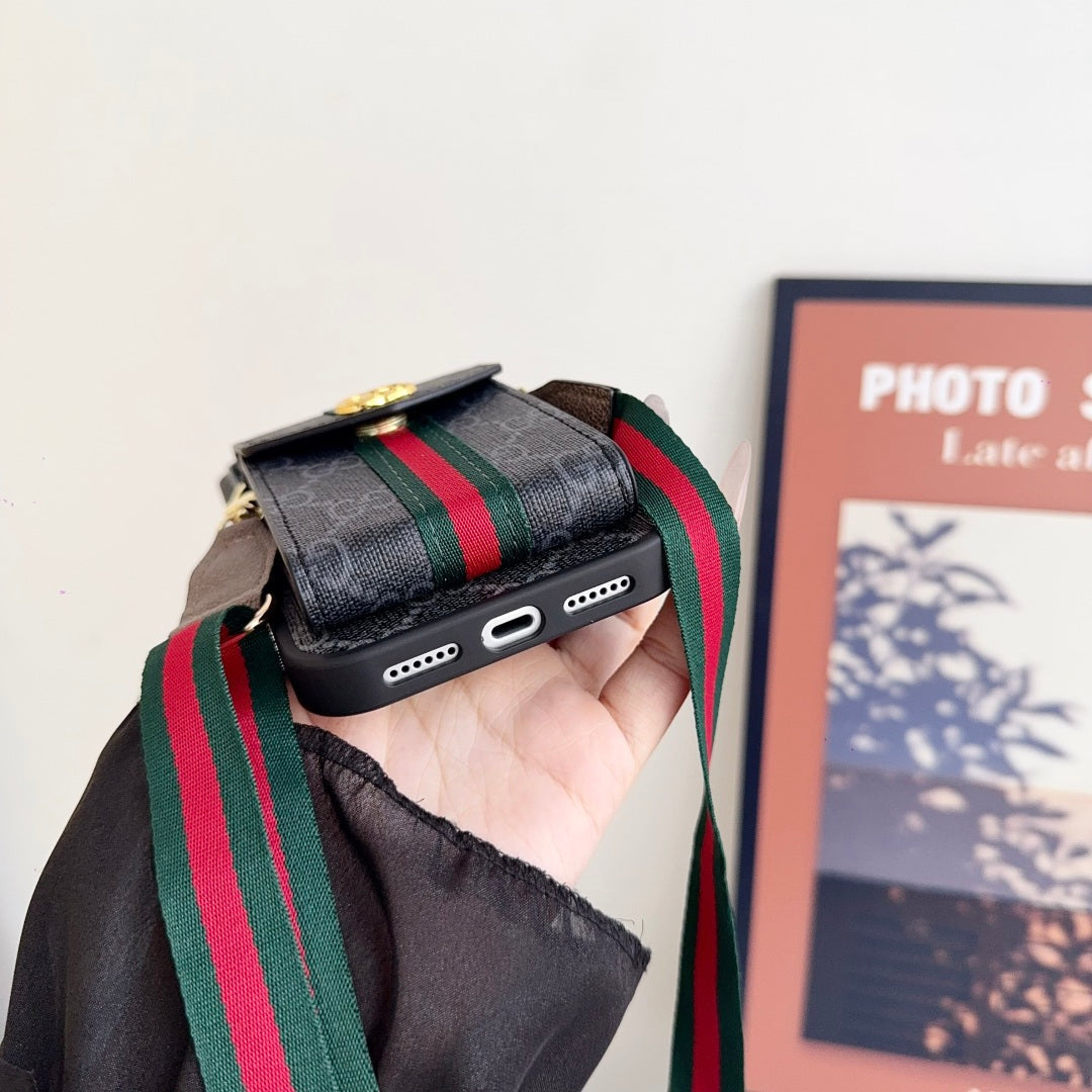 Leather iPhone Case With Card Wallet And Strap