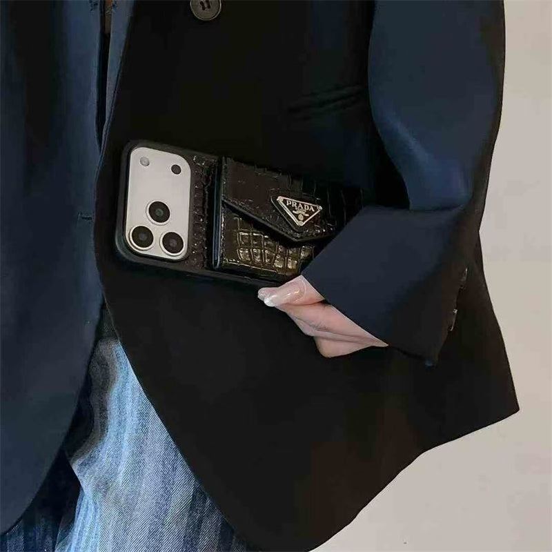 Elegant Prada Apple Phone Case with Card Holder For iPhone 17 / 16 / 15 / 14