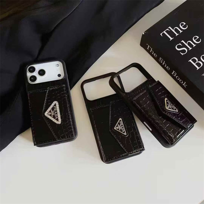 Elegant Prada Apple Phone Case with Card Holder For iPhone 17 / 16 / 15 / 14