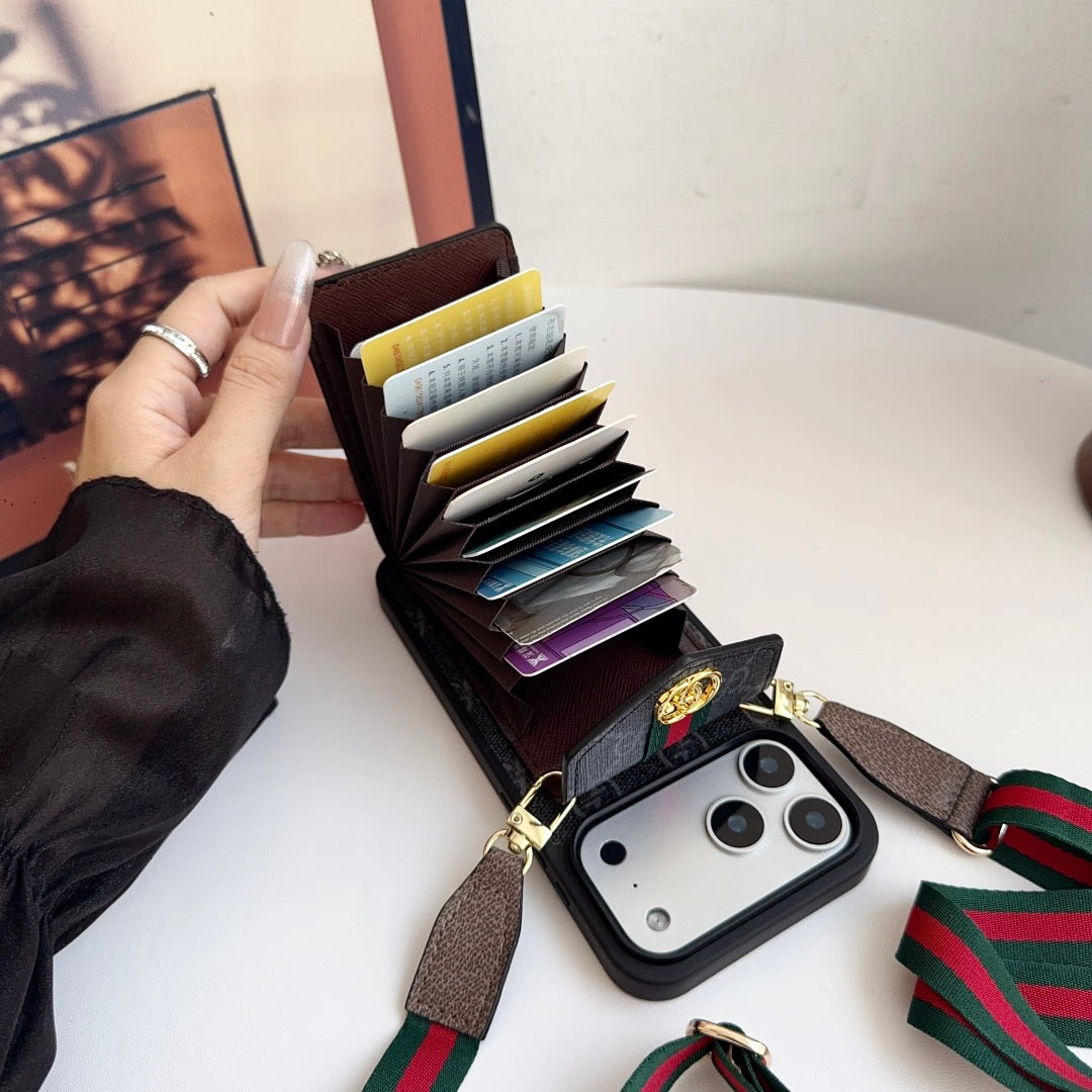 Leather iPhone Case With Card Wallet And Strap