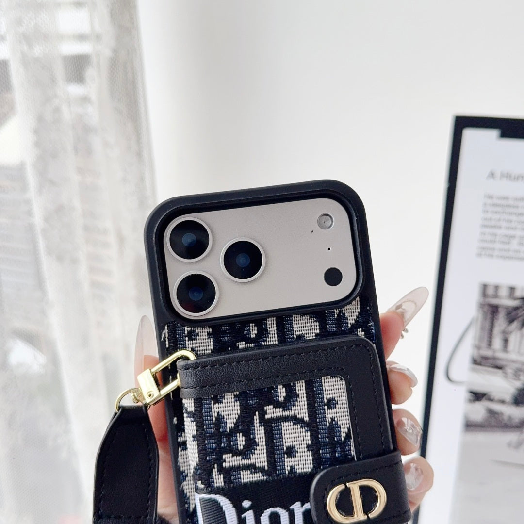 Dior Leather iPhone Case With Card Wallet And Strap For iPhone 17 / 16 / 15 / 14