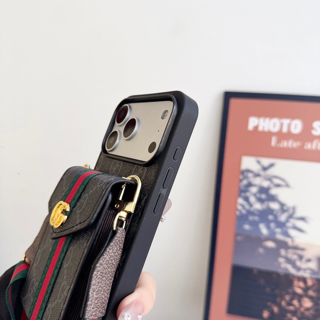 Leather iPhone Case With Card Wallet And Strap