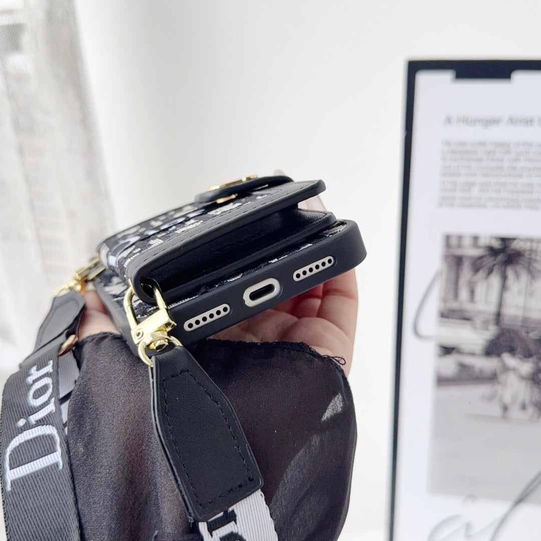 Dior Leather iPhone Case With Card Wallet And Strap For iPhone 17 / 16 / 15 / 14