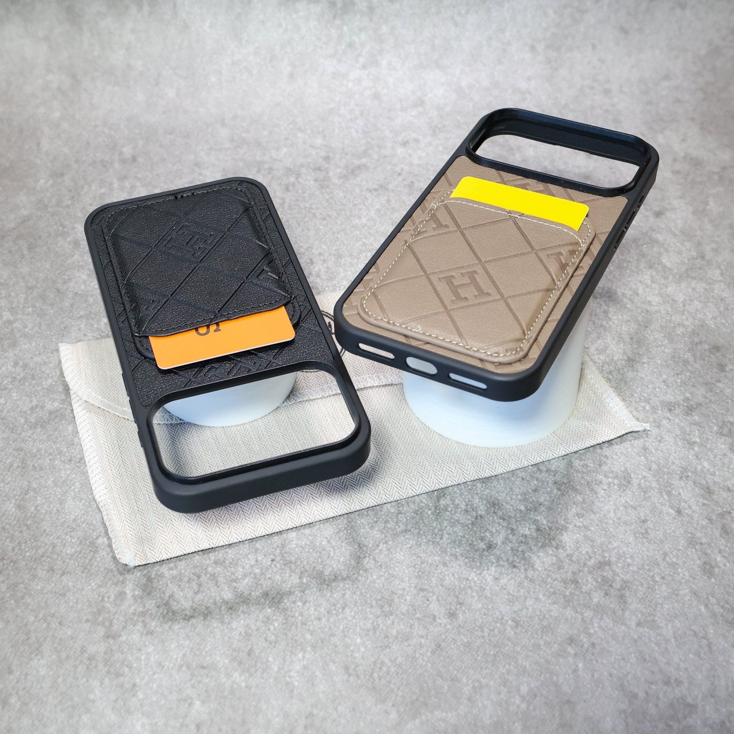 Stamped Leather H Phone Case With Card Holder  For iPhone 17 / 16 / 15 / 14