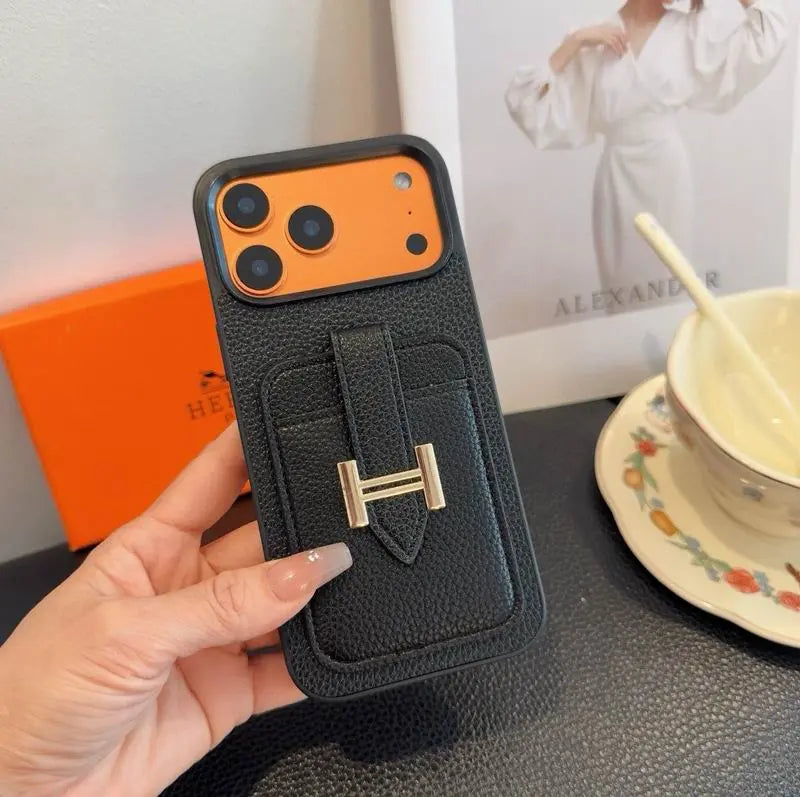 Hermes Leather Phone Cover Card Slot For iPhone 12-17 Series