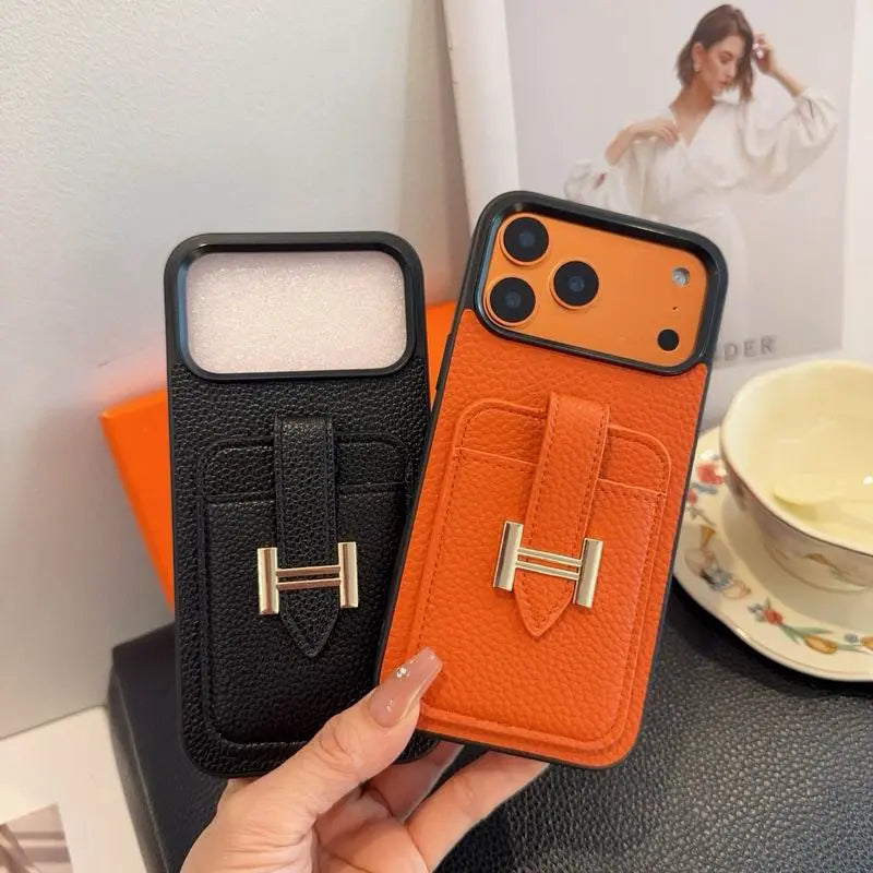 Hermes Leather Phone Cover Card Slot For iPhone 12-17 Series
