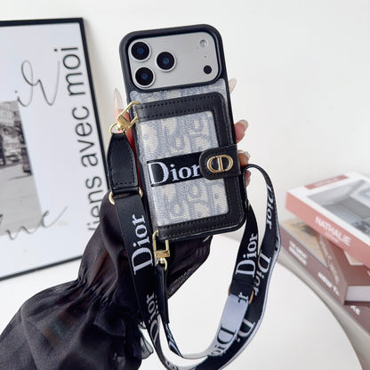 Dior Leather iPhone Case With Card Wallet And Strap For iPhone 17 / 16 / 15 / 14