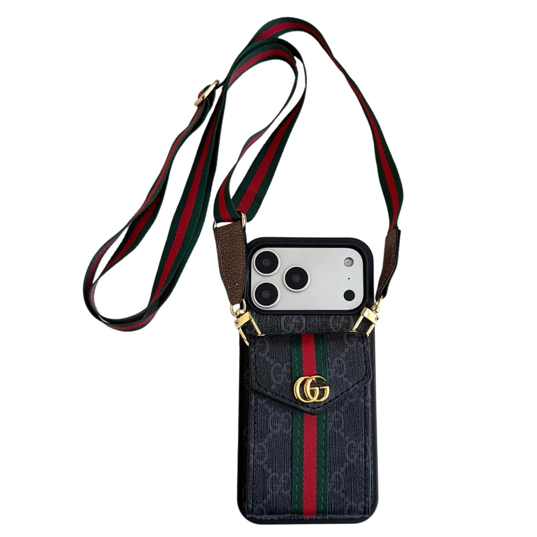 Leather iPhone Case With Card Wallet And Strap