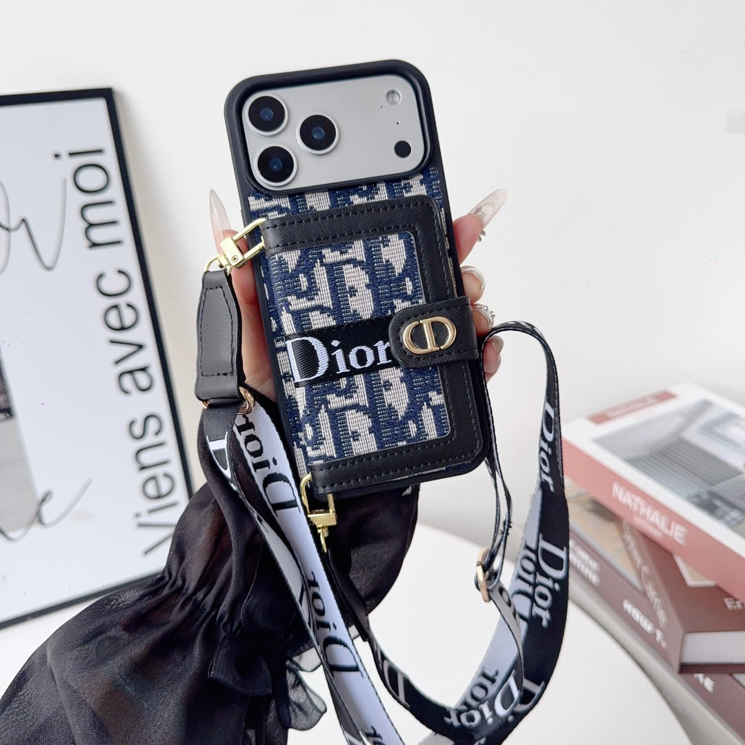 Dior Leather iPhone Case With Card Wallet And Strap For iPhone 17 / 16 / 15 / 14