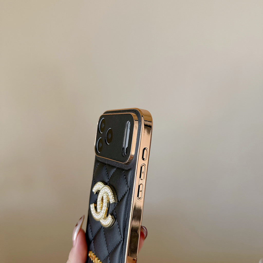 Leather Chanel Phone Case Diamond Logo with Gold Label For iPhone 17/ 16 /15 / 14